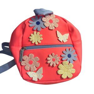 Girls Neon Pink Mini Backpack With Glitter Flowers Butterflies Pattern Blue Stra